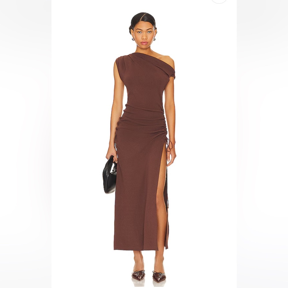 Lioness Brown One-Shoulder Maxi Dress with Side Slit